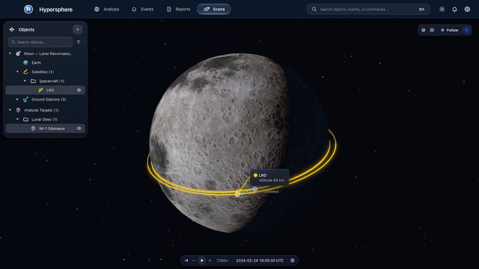 Scene mode on the Lunar Reconnaissance Orbiter example at 18:55 UTC on 24 February 2024: the Moon lit from the side, LRO’s near-polar orbit drawn around it, and LRO labelled beside the IM-1 Odysseus landing site near the south pole, minutes before it flies over it.