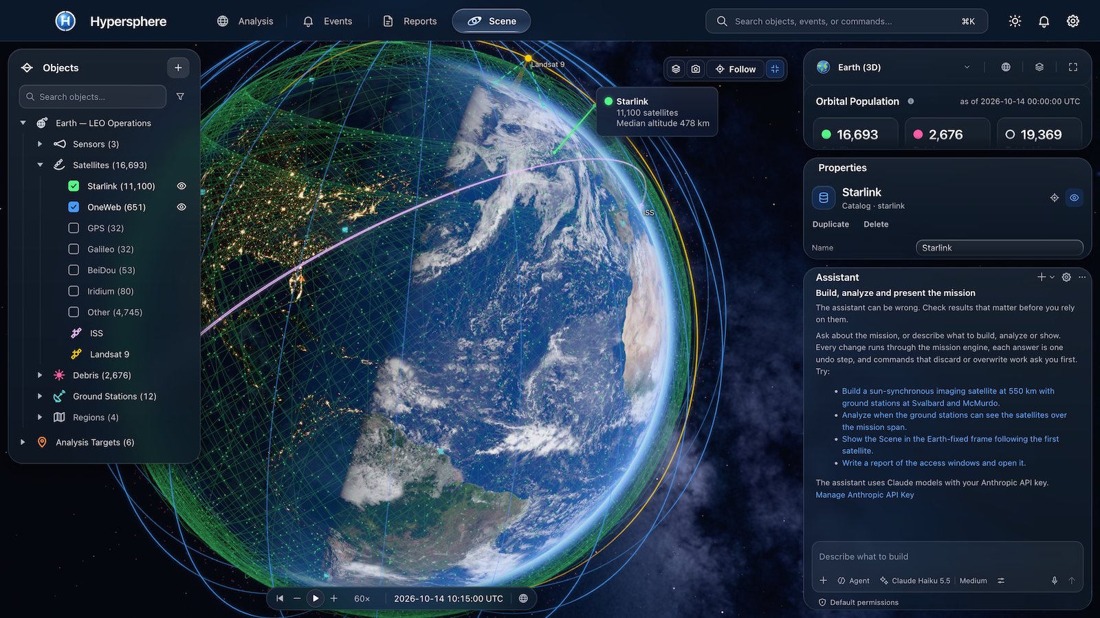 Scene mode on the LEO operations example: the Earth under the Starlink shell, the Objects card on the left and, on the right, the orbital population counts, the Starlink catalog’s properties and the Assistant docked below them. Its welcome offers requests such as building a sun-synchronous imaging satellite at 550 km with ground stations at Svalbard and McMurdo, and a link to set up an Anthropic API key; Claude Haiku 5.5 is selected in the model picker under the input. No conversation has started.